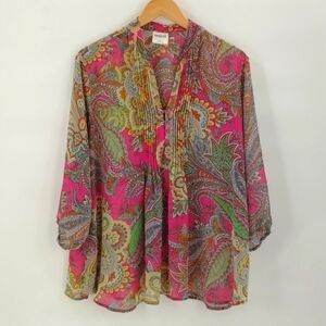 Bedford Fair blouse sheer size 1X multicolor print elbow sleeve top pleated